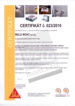 Certifikát SIKA - schválený aplikátor pre zabudovanie výrobkov stavebnej chémie SIKA